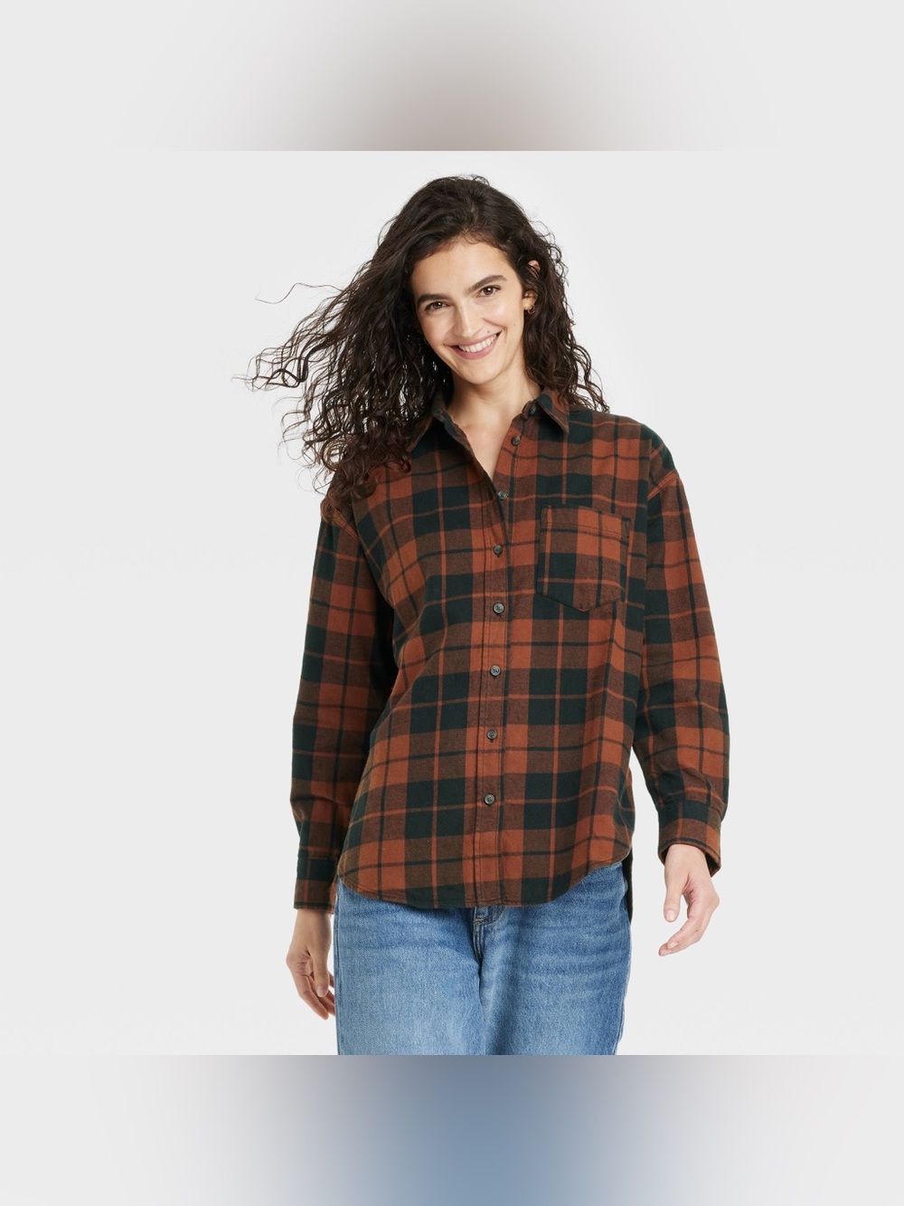 Plaid Button-Front Flannel Shirt - Rust/Black